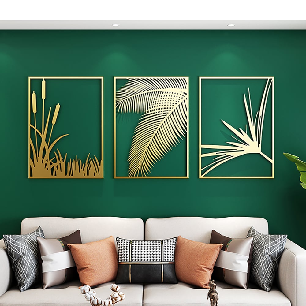 HMR - 3-Pieces Modern Gold Metal Wall Decor Plant Art with Rectangle Frame
