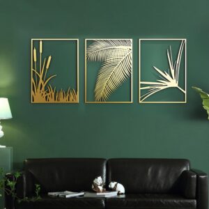 Alternative view of HMR - 3-Pieces Modern Gold Metal Wall Decor Plant Art with Rectangle Frame