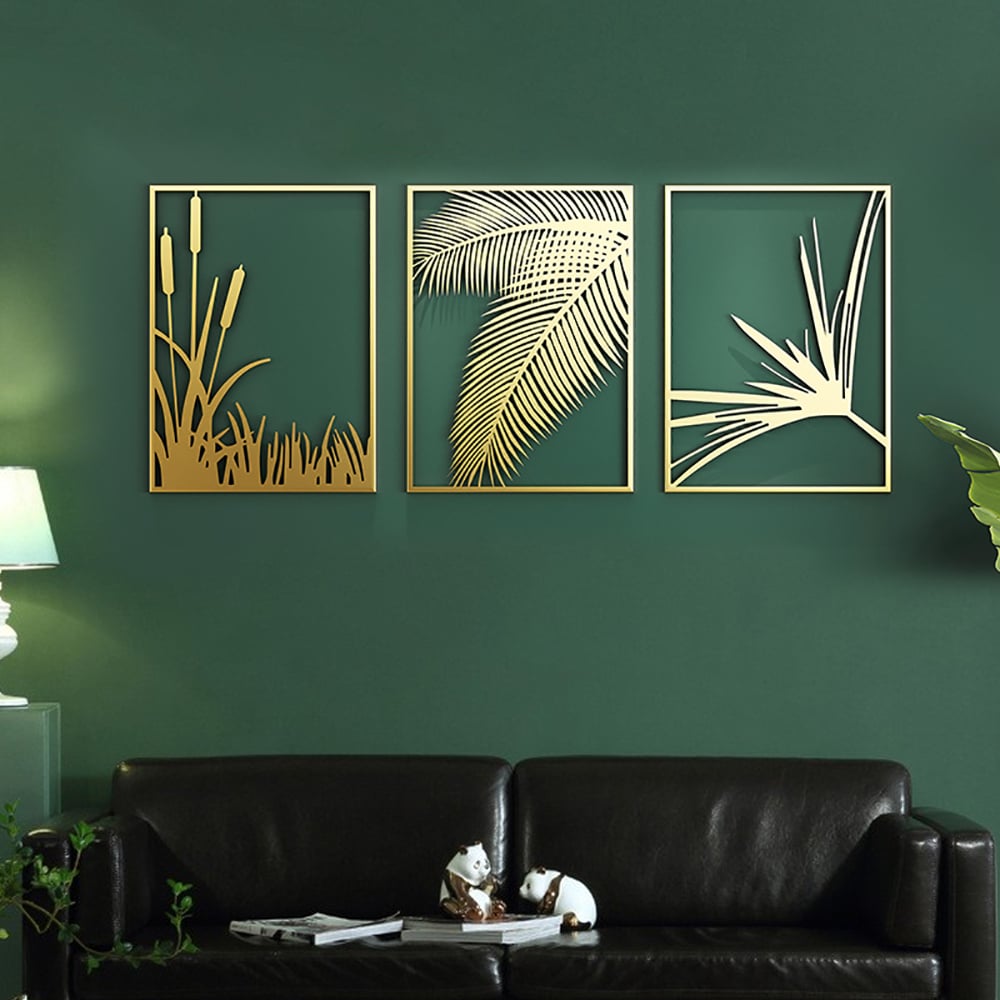 HMR - 3-Pieces Modern Gold Metal Wall Decor Plant Art with Rectangle Frame - Image 2