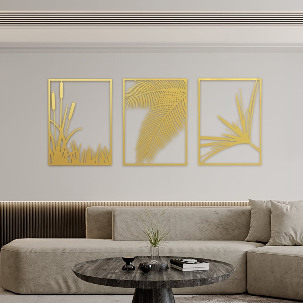 HMR - 3-Pieces Modern Gold Metal Wall Decor Plant Art with Rectangle Frame - Image 3