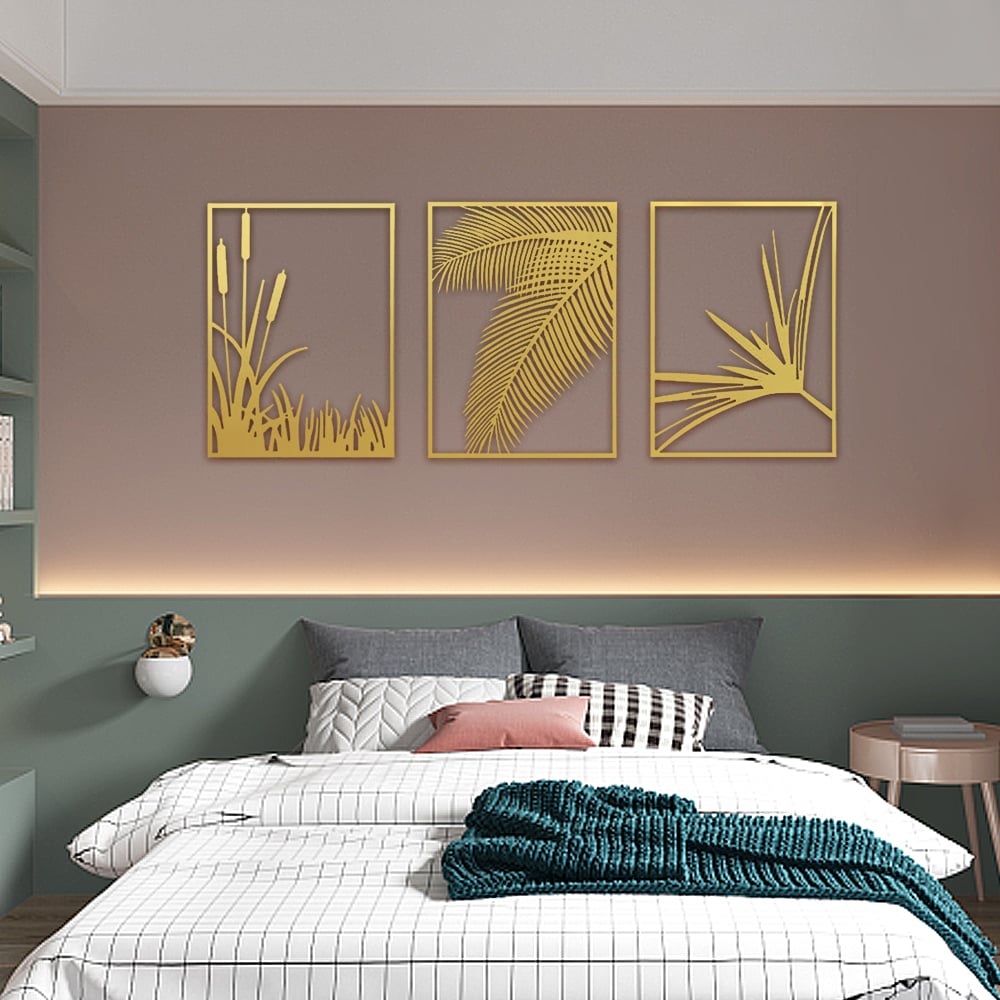 HMR - 3-Pieces Modern Gold Metal Wall Decor Plant Art with Rectangle Frame - Image 4