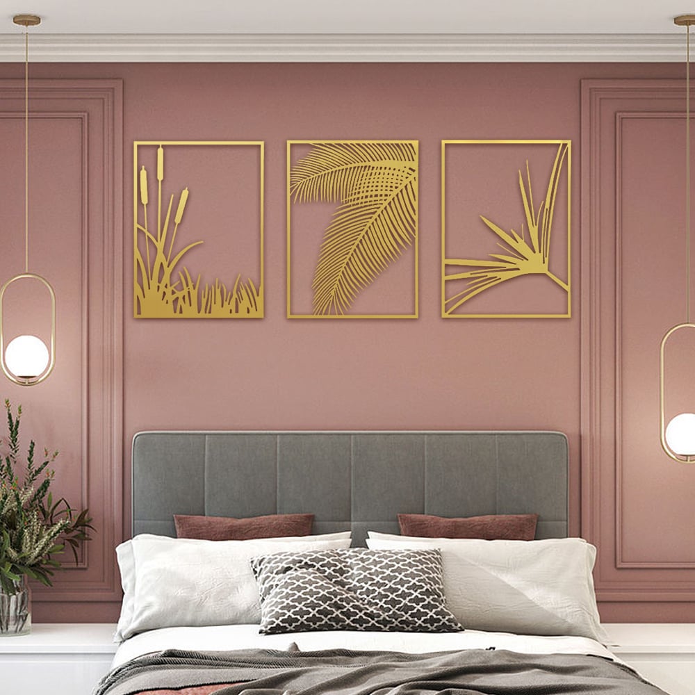 HMR - 3-Pieces Modern Gold Metal Wall Decor Plant Art with Rectangle Frame - Image 5