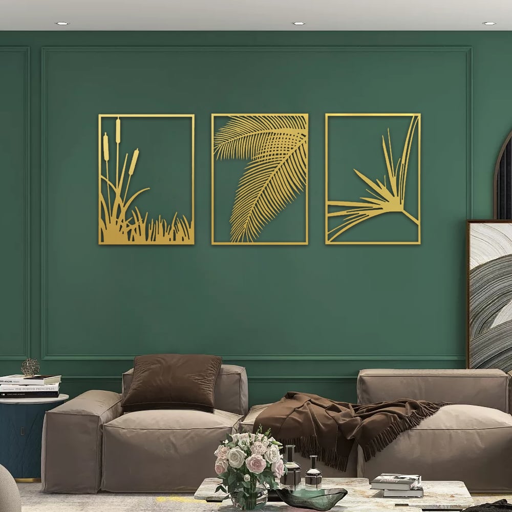 HMR - 3-Pieces Modern Gold Metal Wall Decor Plant Art with Rectangle Frame - Image 6