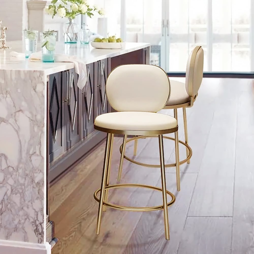 HMR - Modern Upholstery Round Faux Leather Counter Stool with Back in Beige - Image 3