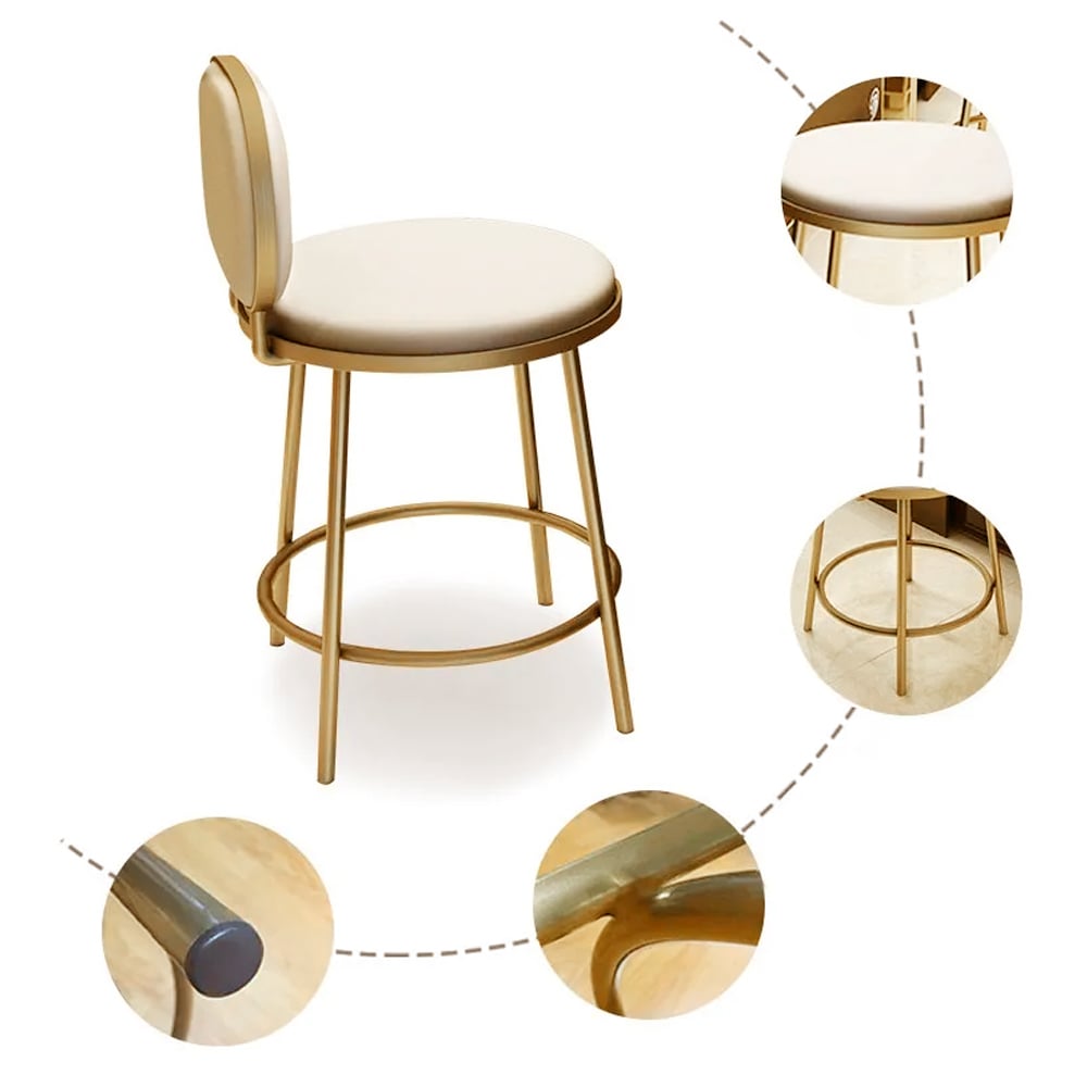 HMR - Modern Upholstery Round Faux Leather Counter Stool with Back in Beige - Image 4