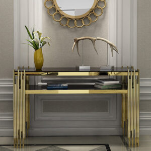 HMR - 47.2" Modern Faux Marble Narrow Console Table with Storage Shelf and 4 Gold Legs