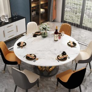 HMR - Round Dining Table for 6 Person with Black Pedestal in 53"Dia, Gold and White